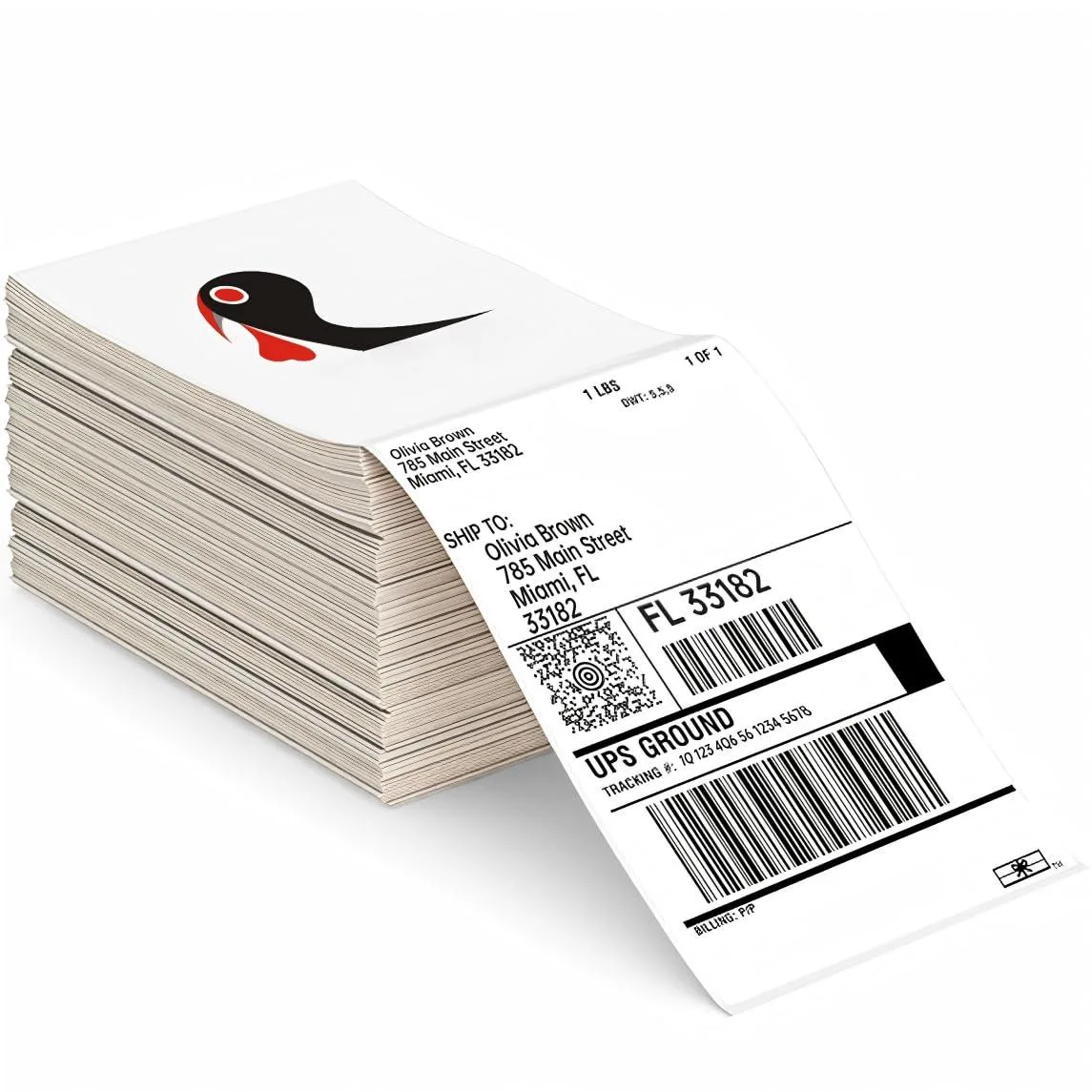 White rectangular thermal label stack, 500 labels, fanfold format, matte finish