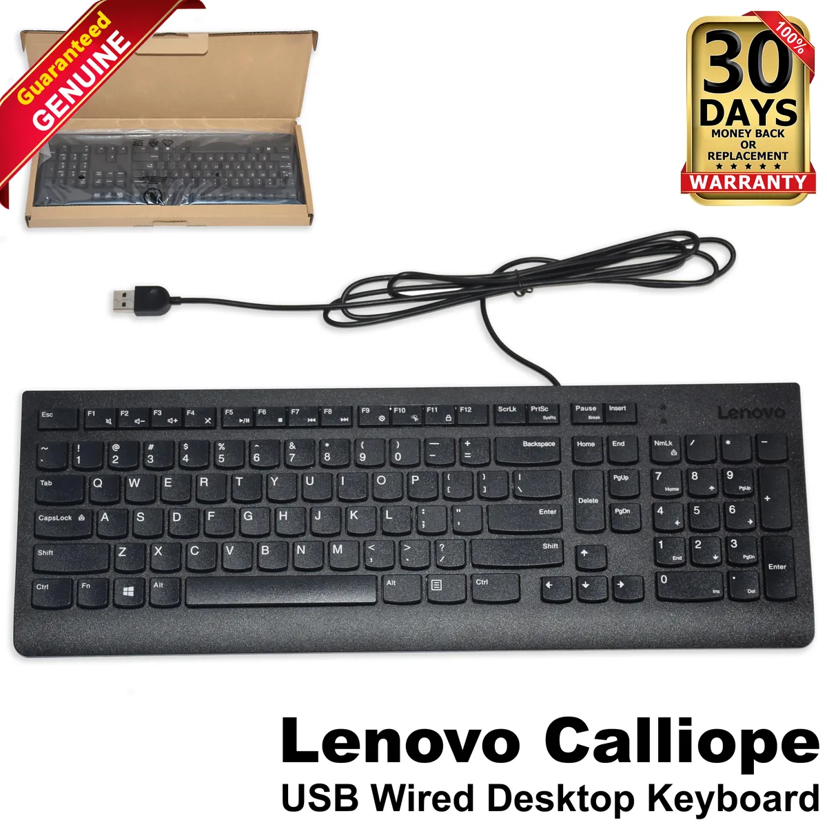 Black Lenovo Calliope USB wired keyboard with US English layout and numeric keypad