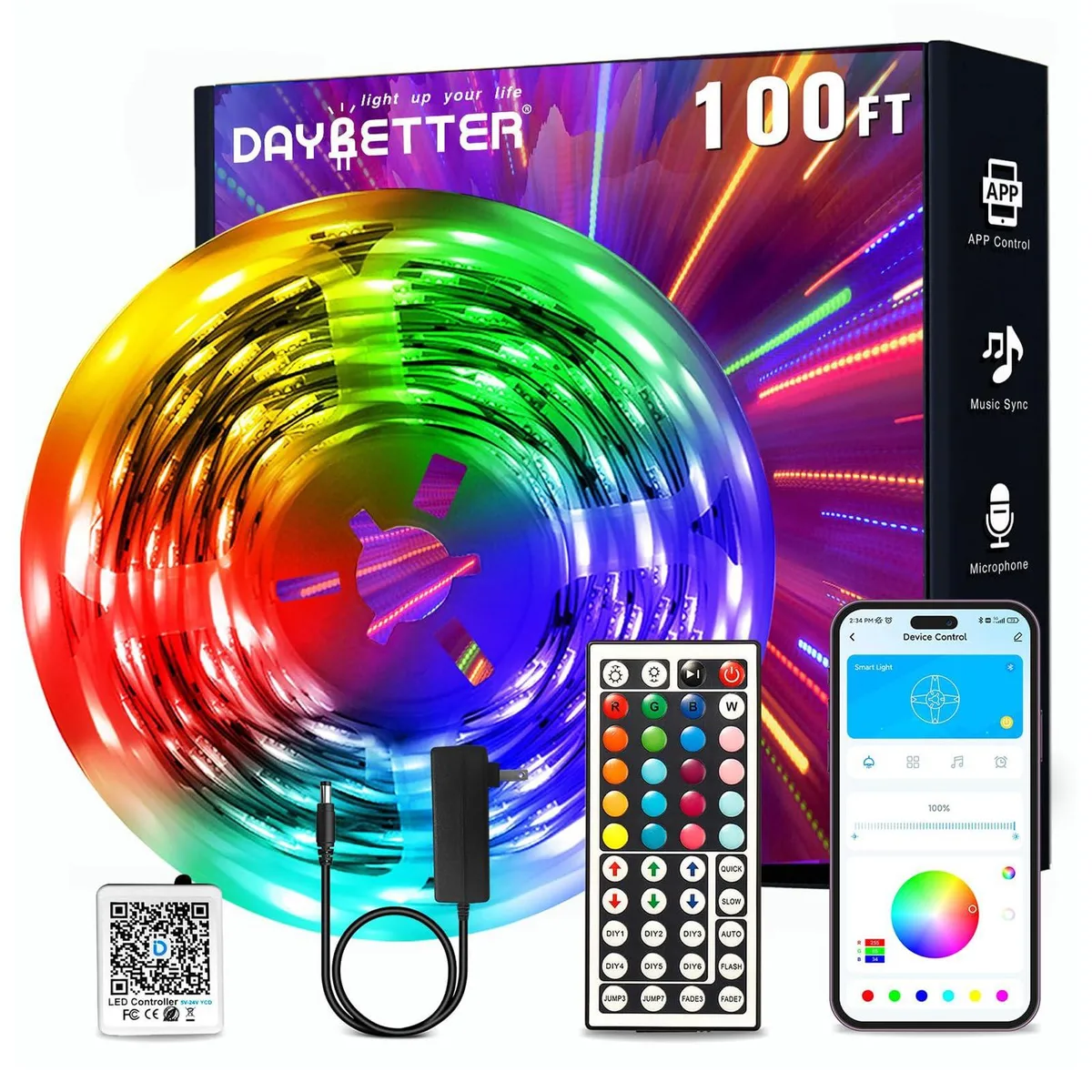 A 100ft flexible LED strip on a roll with a blue wire and a small control box