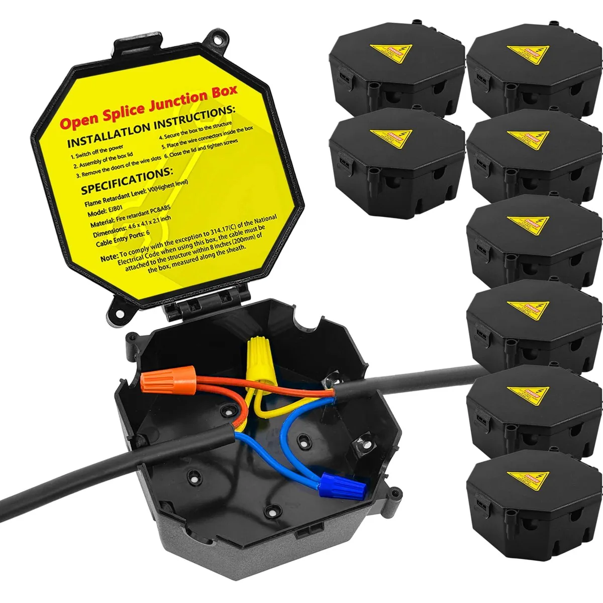 Eight black open splice junction boxes with hinged covers and screw fittings