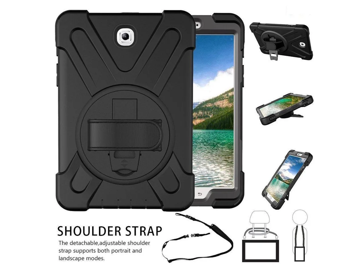 Black protective case for Samsung Galaxy Tab S2 8.0 inch 2015 with 360° stand and shoulder strap