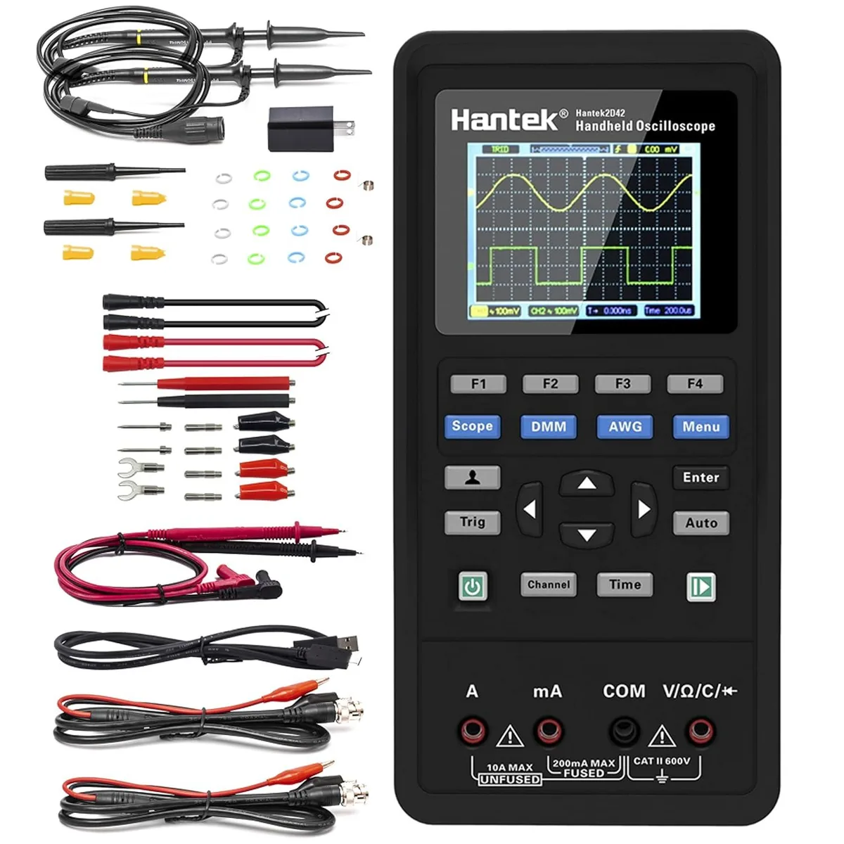 Handheld oscilloscope multimeter generator with colour screen and probes