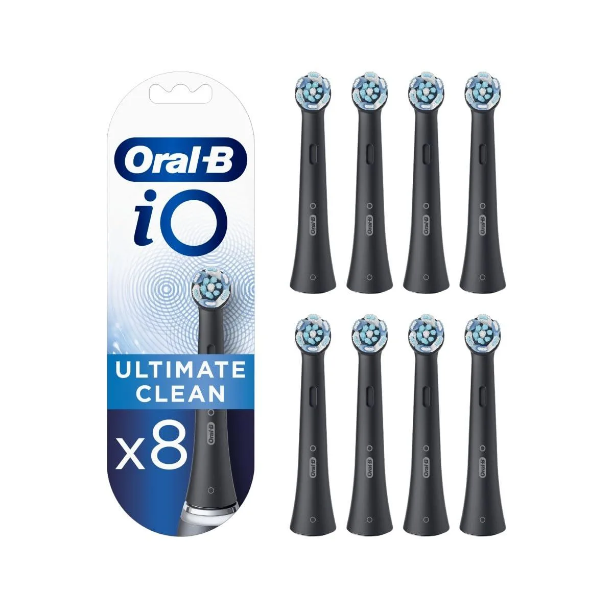 Eight black Oral-B iO brush heads in rectangular packaging