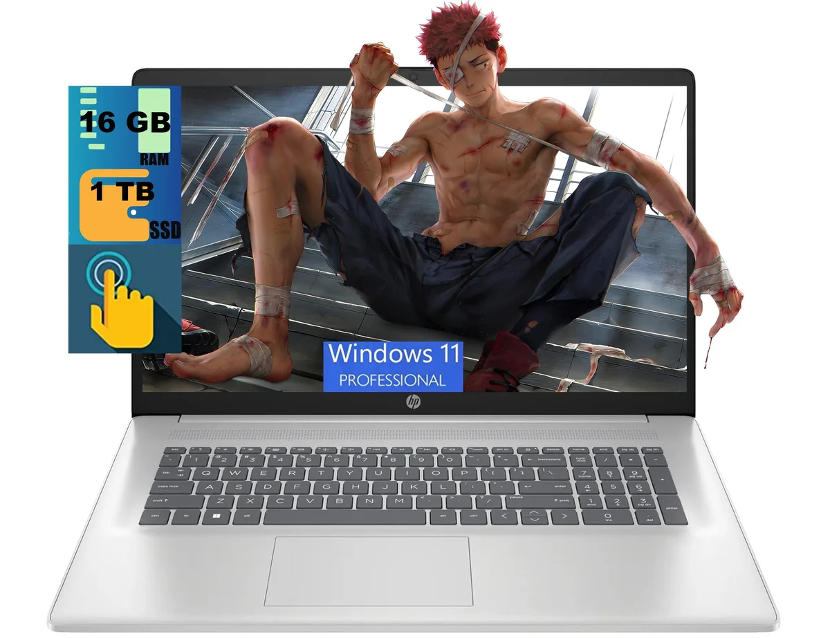 HP HP 17 laptop Intel Core Ultra 7 255U 12-core 16GB DDR5 1TB SSD 17.3" HD+ touchscreen Silver — product photo