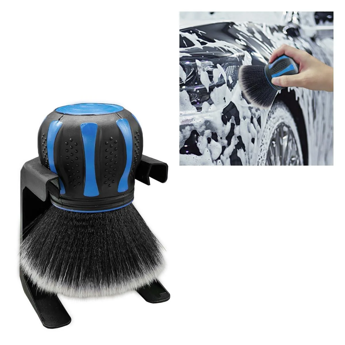 Blue car detailing brush with synthetic bristles and curved handle, includes storage rack
