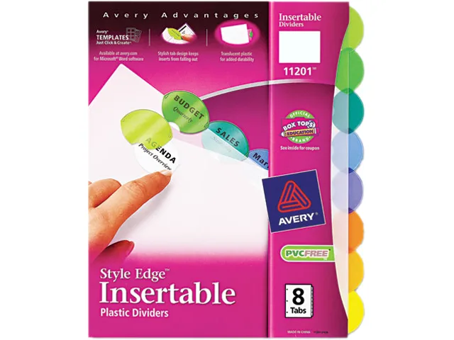 Set of eight multicoloured plastic tab dividers with oval tabs, letter size