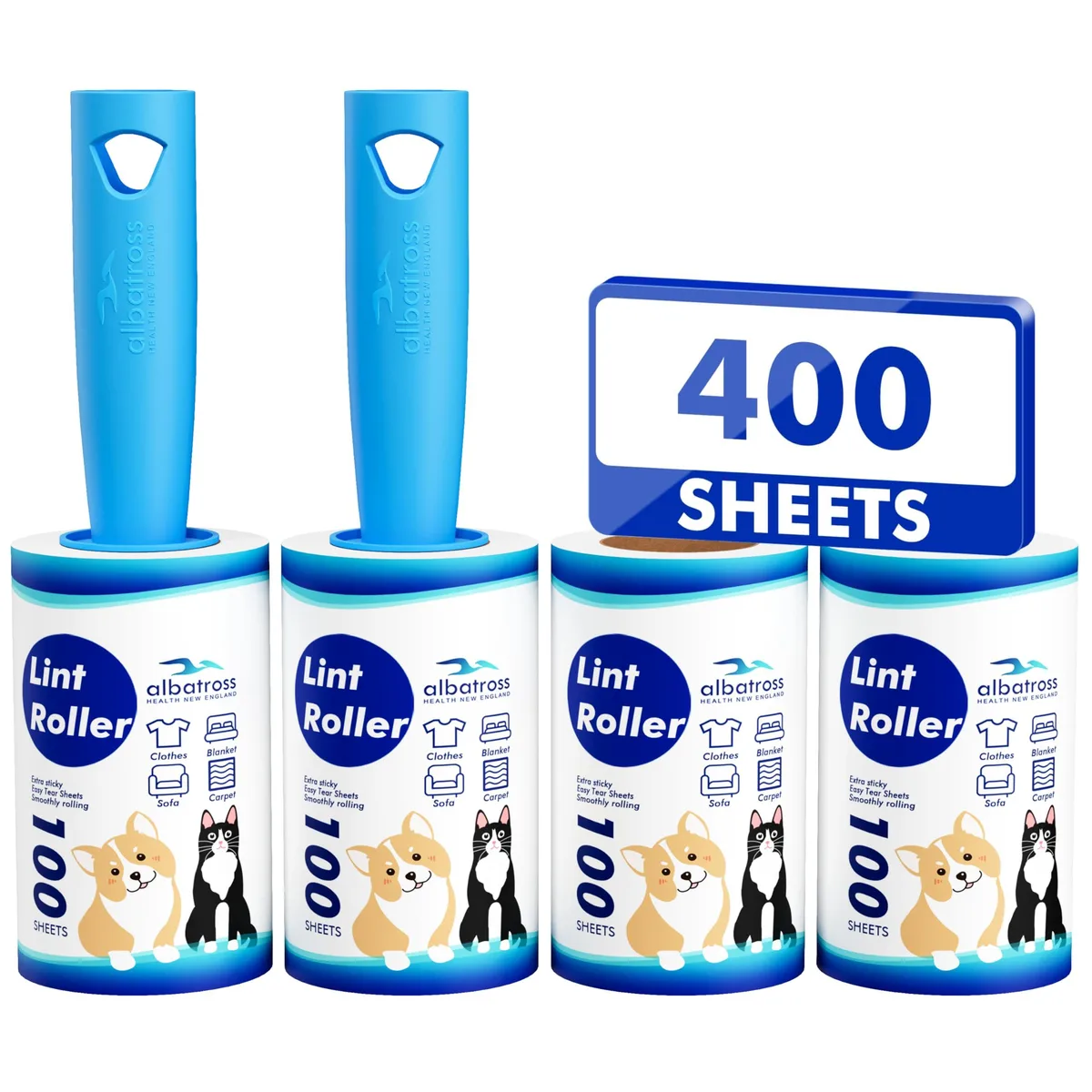 White lint roller with two handles and four refill rolls, 400 sheets total