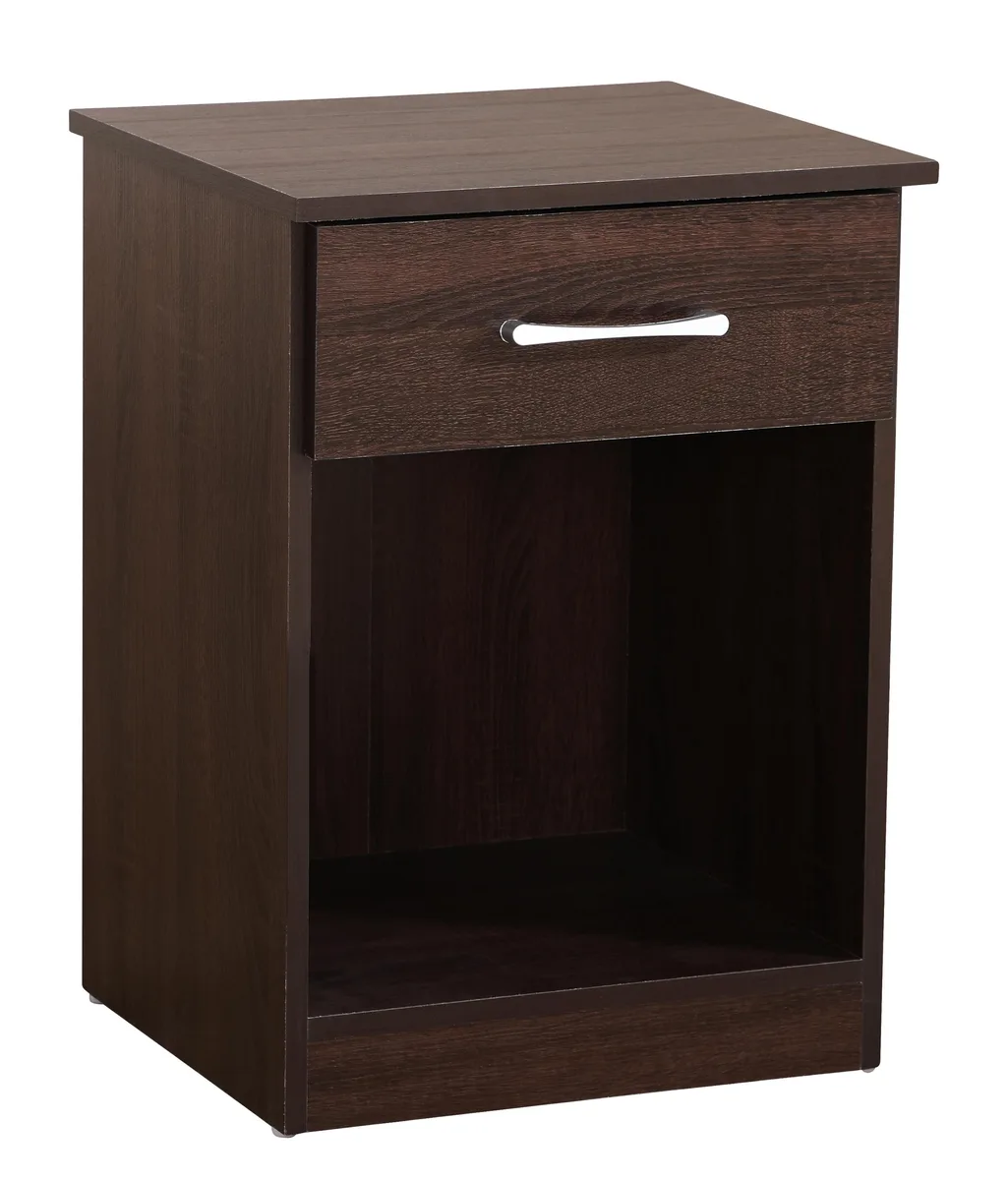 Compact rectangular nightstand in warm brown wenge finish, 18 wide by 16 deep by 24 high