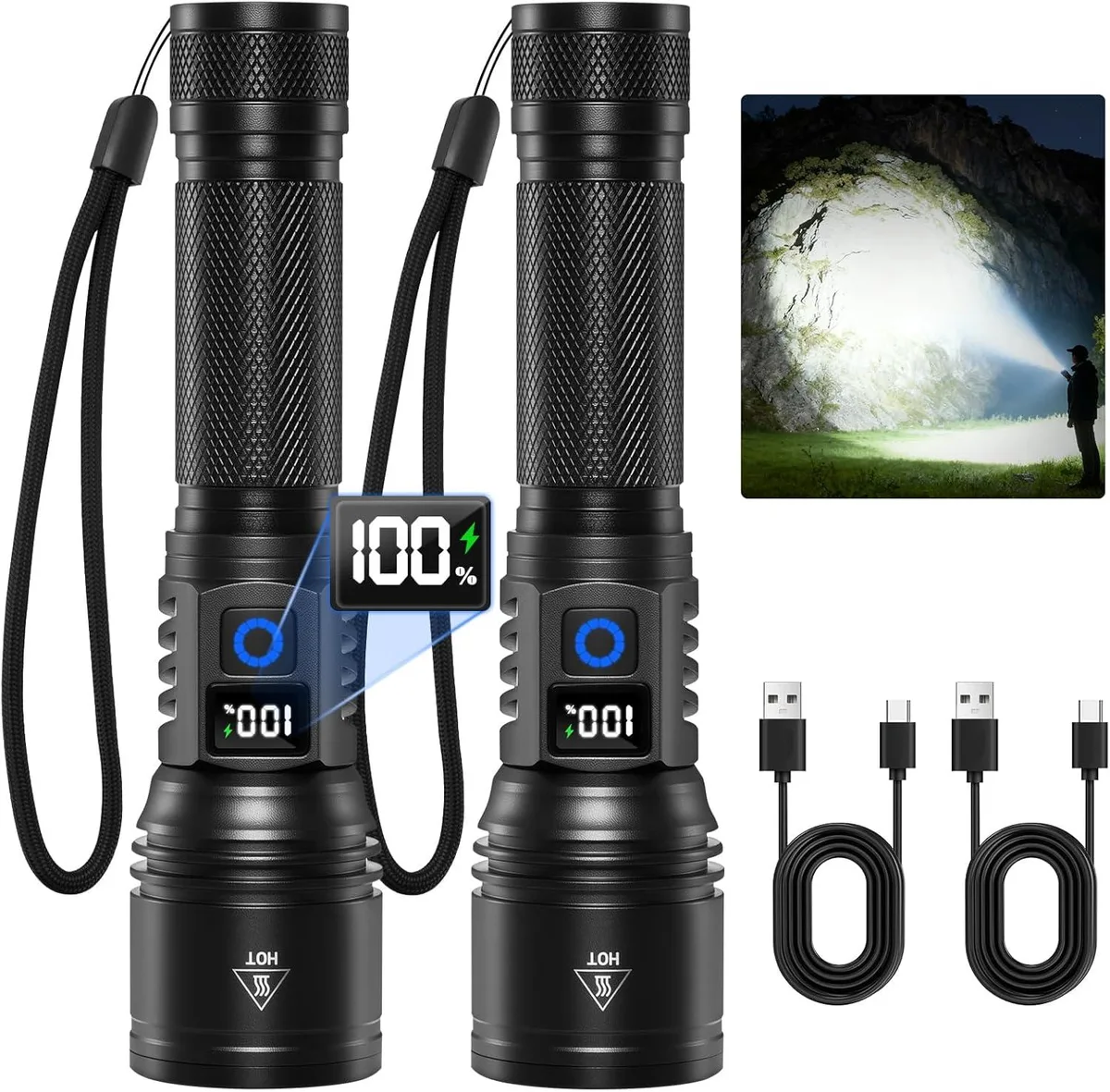 Two rechargeable LED flashlights with LCD power displays and Type-C ports, matte aluminium finish