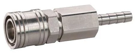Small cylindrical stainless steel quick-connect socket with barbed hose fitting