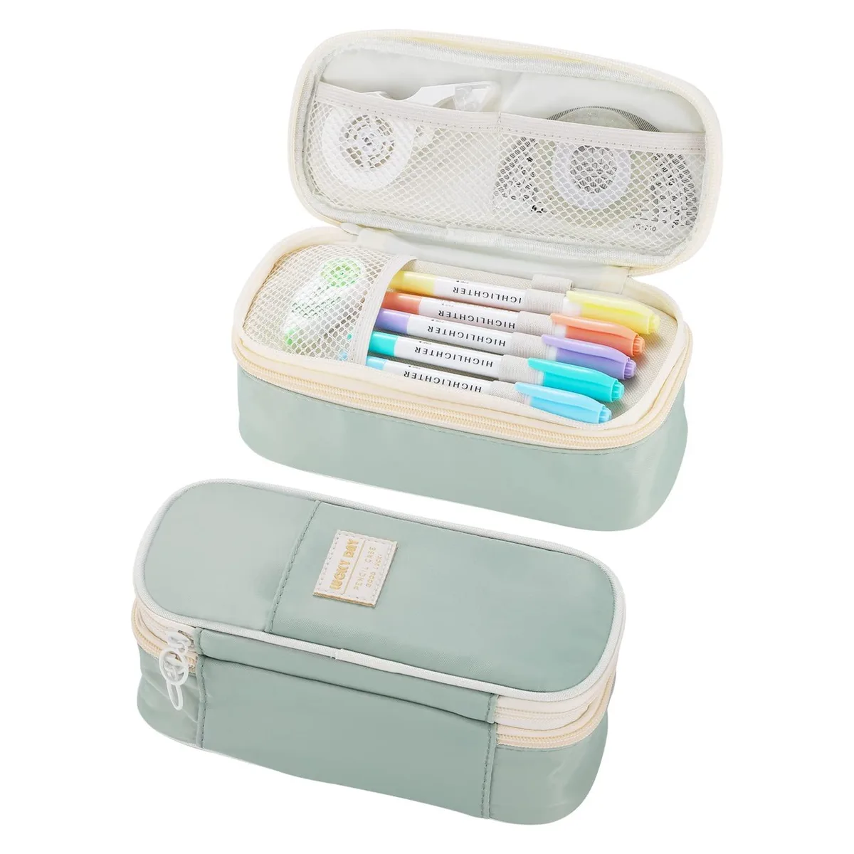 Green rectangular pencil case with zipper and handle, polyester blend fabric, solid colour, 9.06 by 4.33 by 3.54 inches