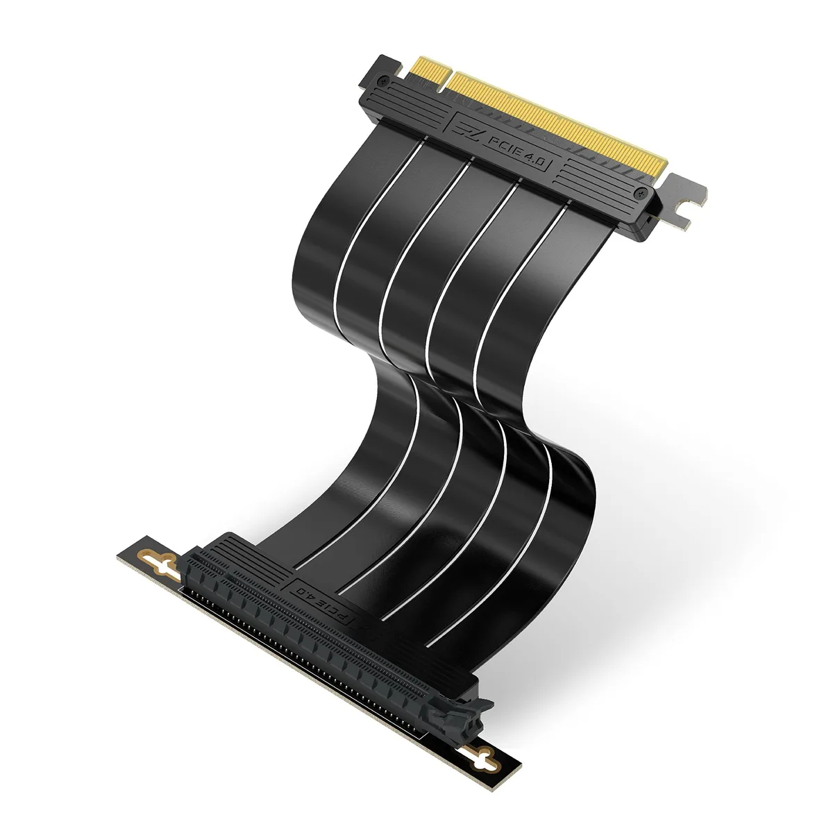 Flat PCIe 4.0 x16 riser cable with right-angle connector, 20cm length