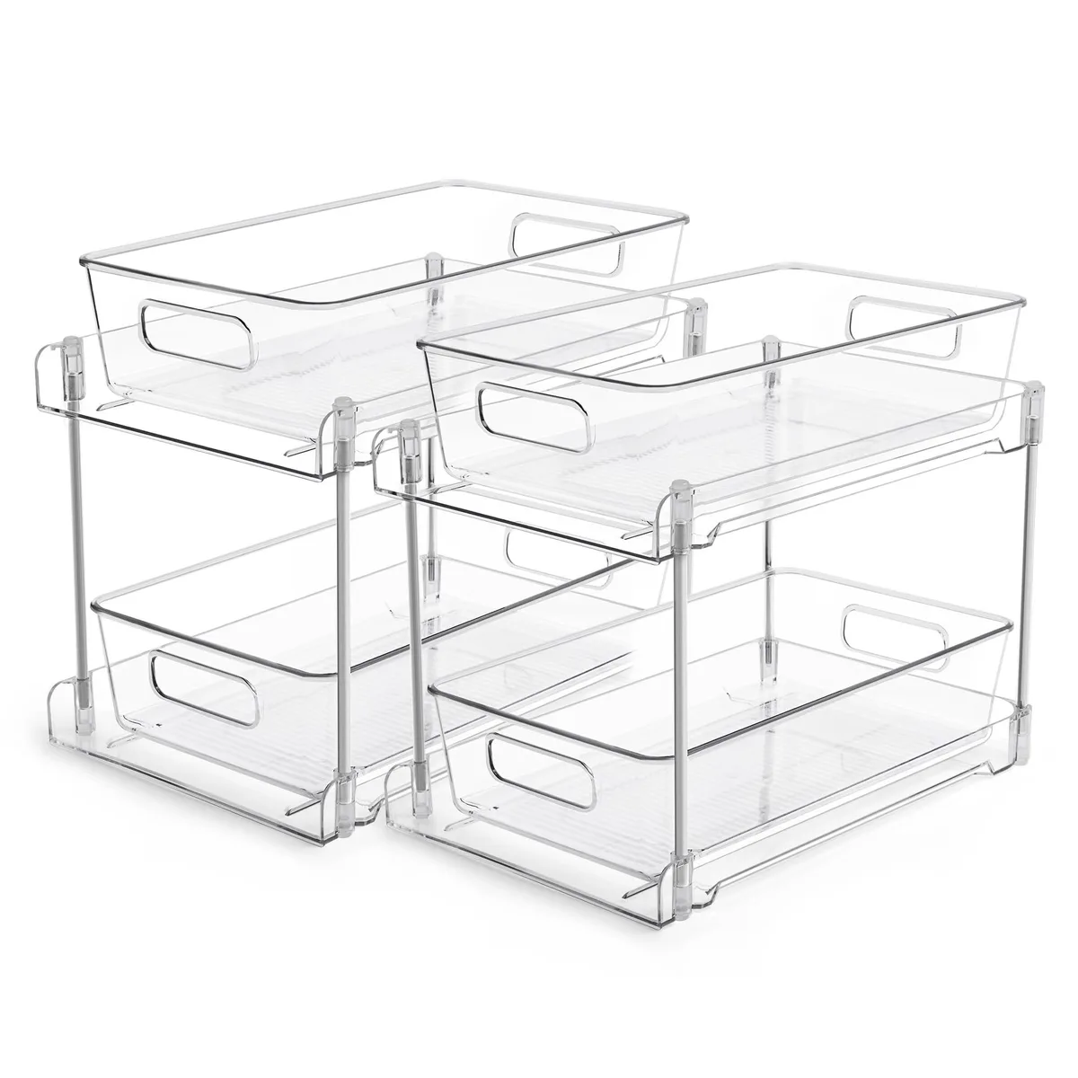 Two clear plastic pull-out bins on a polished chrome frame with silicone feet