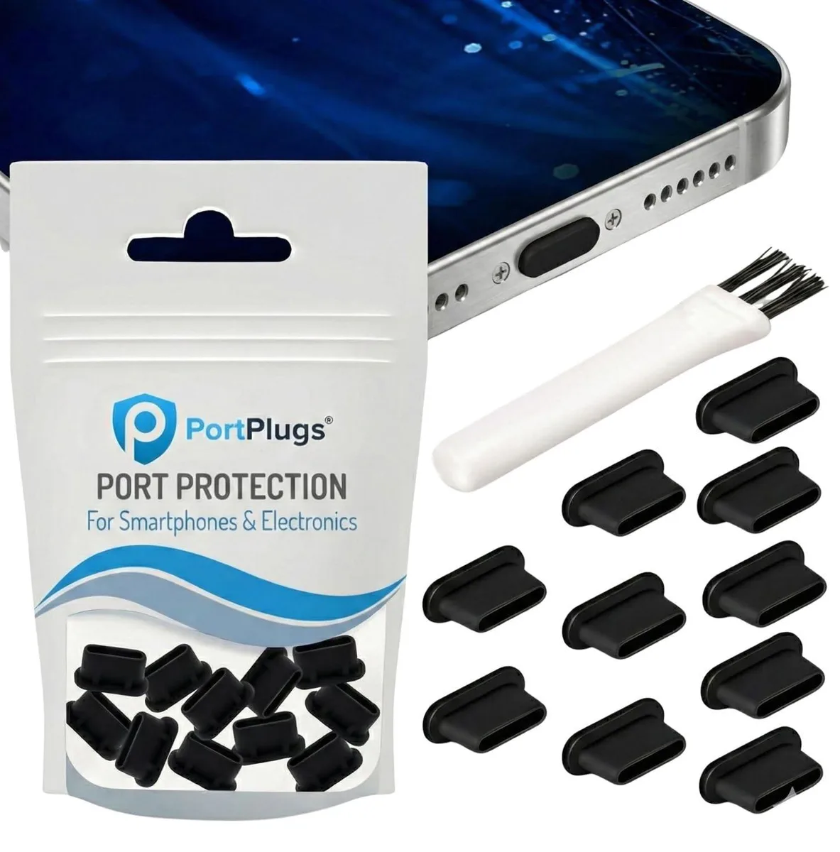 Ten black USB-C dust plugs and a cleaning brush on a plain surface