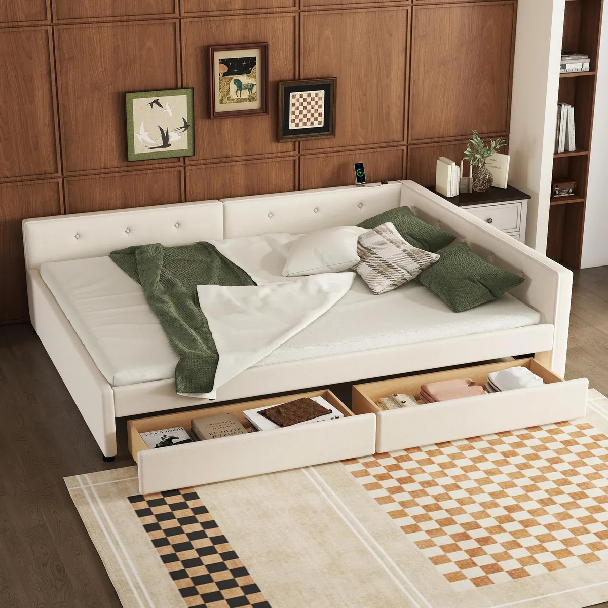 tuphen tuphen Queen Upholstered Platform Bed USB 2 Drawers Beige — product photo