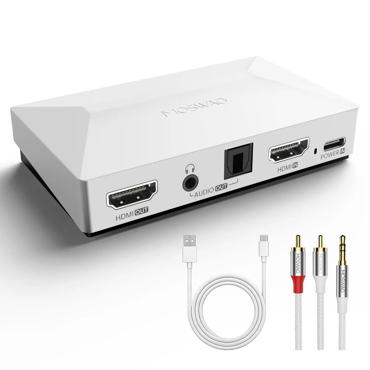 Small white rectangular HDMI audio extractor with optical and 3.5mm ports