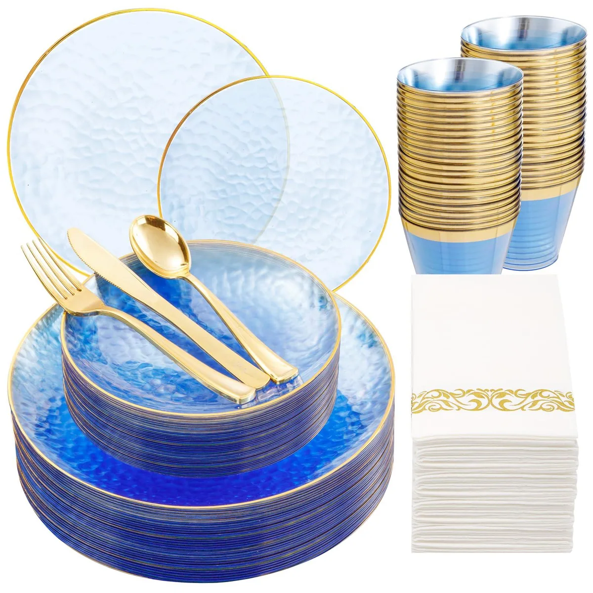 Blue square plastic plates with gold hammered rims, cutlery, cups and napkins arranged on a table