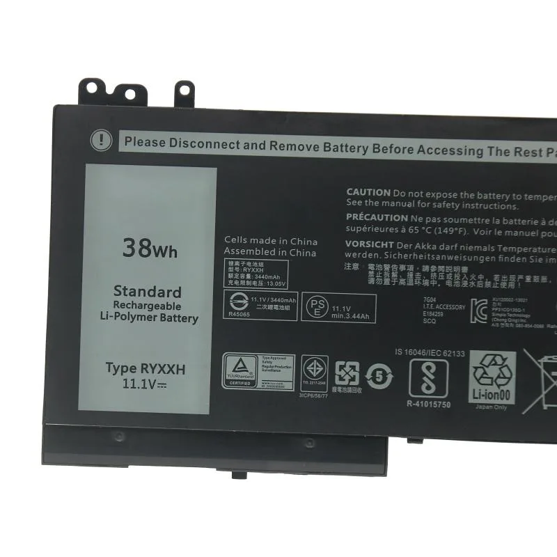 Black rectangular lithium-polymer laptop battery, 38Wh 11.1V