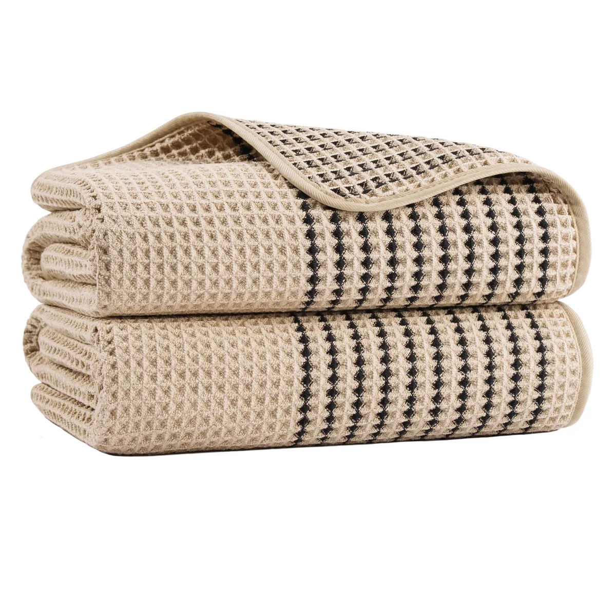 Two folded microfiber waffle-weave bath towels, light neutral tone, lint-free texture