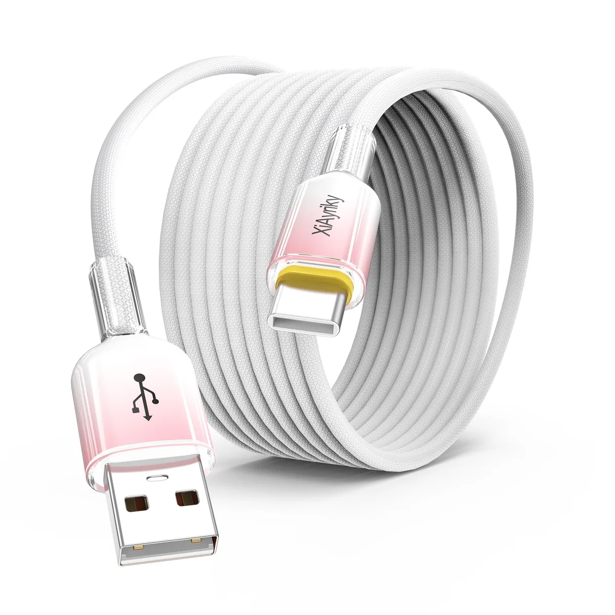 15 ft pink gradient USB-A to USB-C braided cable with grey stepped connector