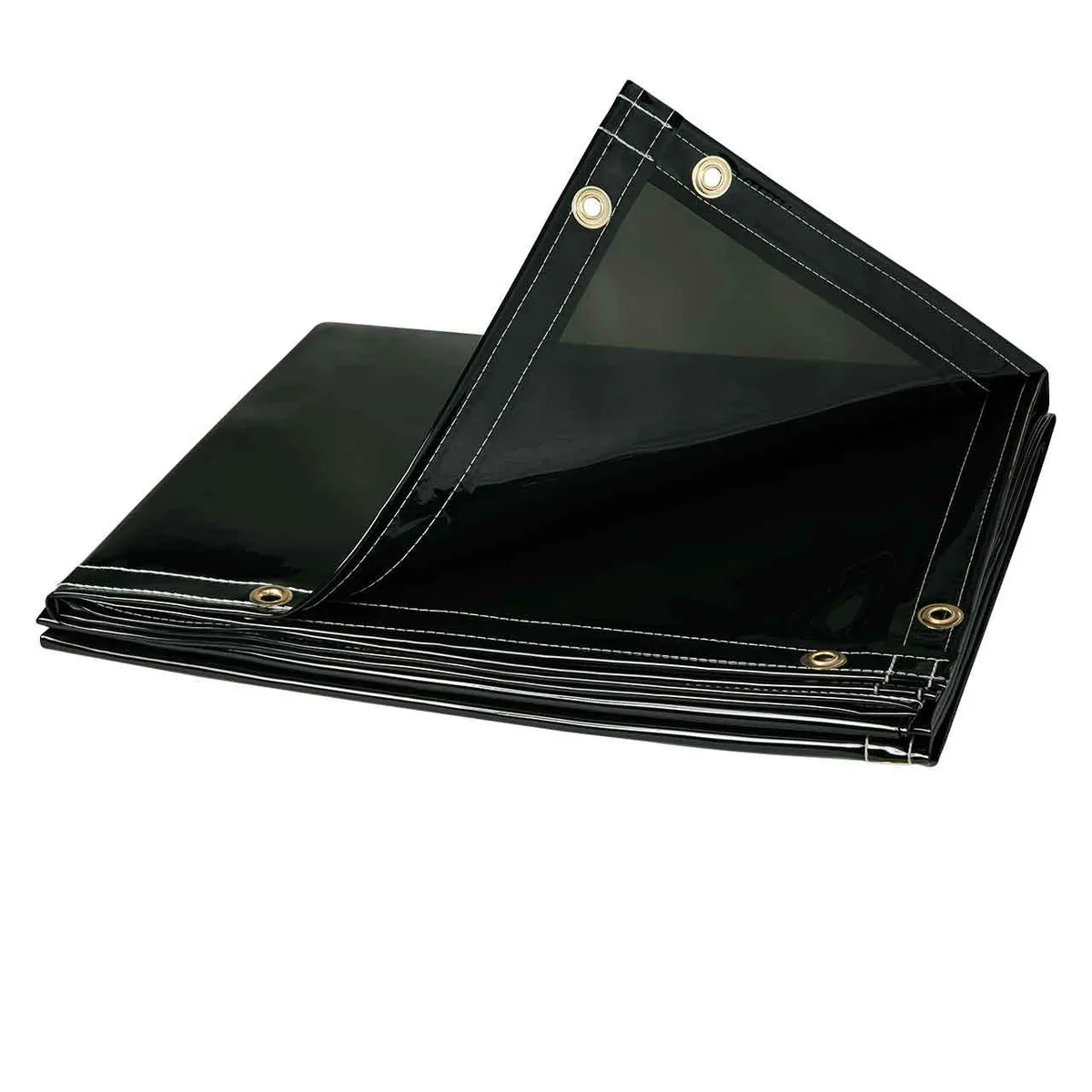 Rectangular transparent green tinted vinyl welding curtain with grommets on all four sides