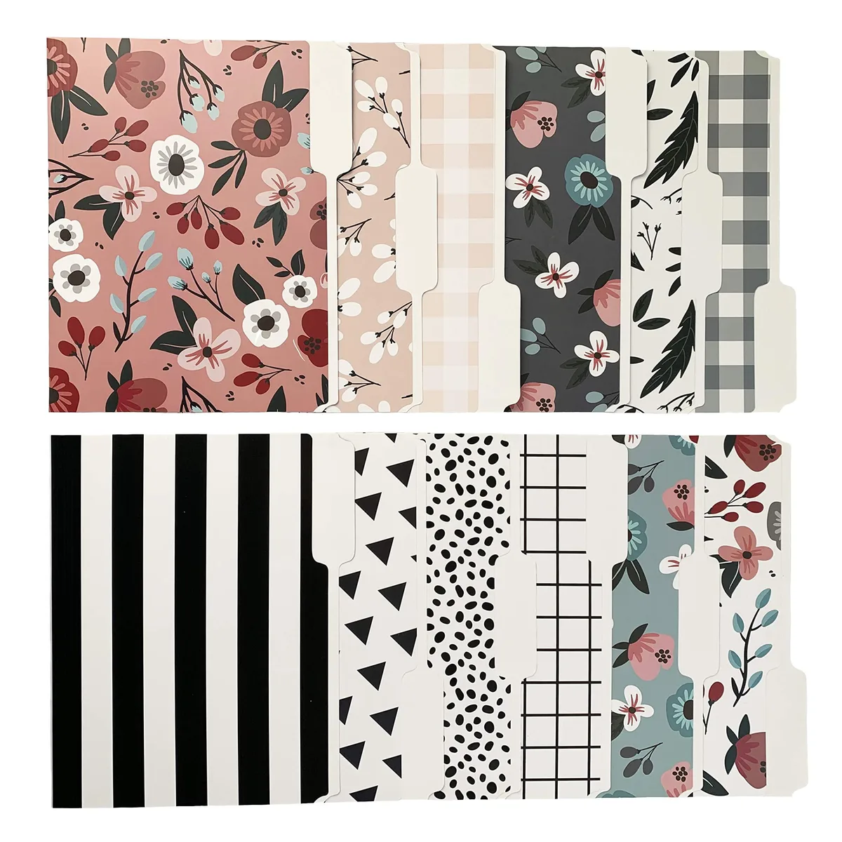 Twelve letter-size manila folders in a Tranquillity boho print, matte finish, 1/3-cut top tabs, expandable bottoms
