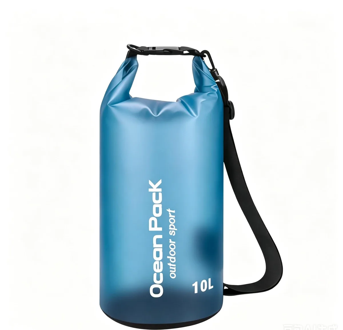 Blue 10 L PVC dry bag with roll-top closure and adjustable shoulder straps