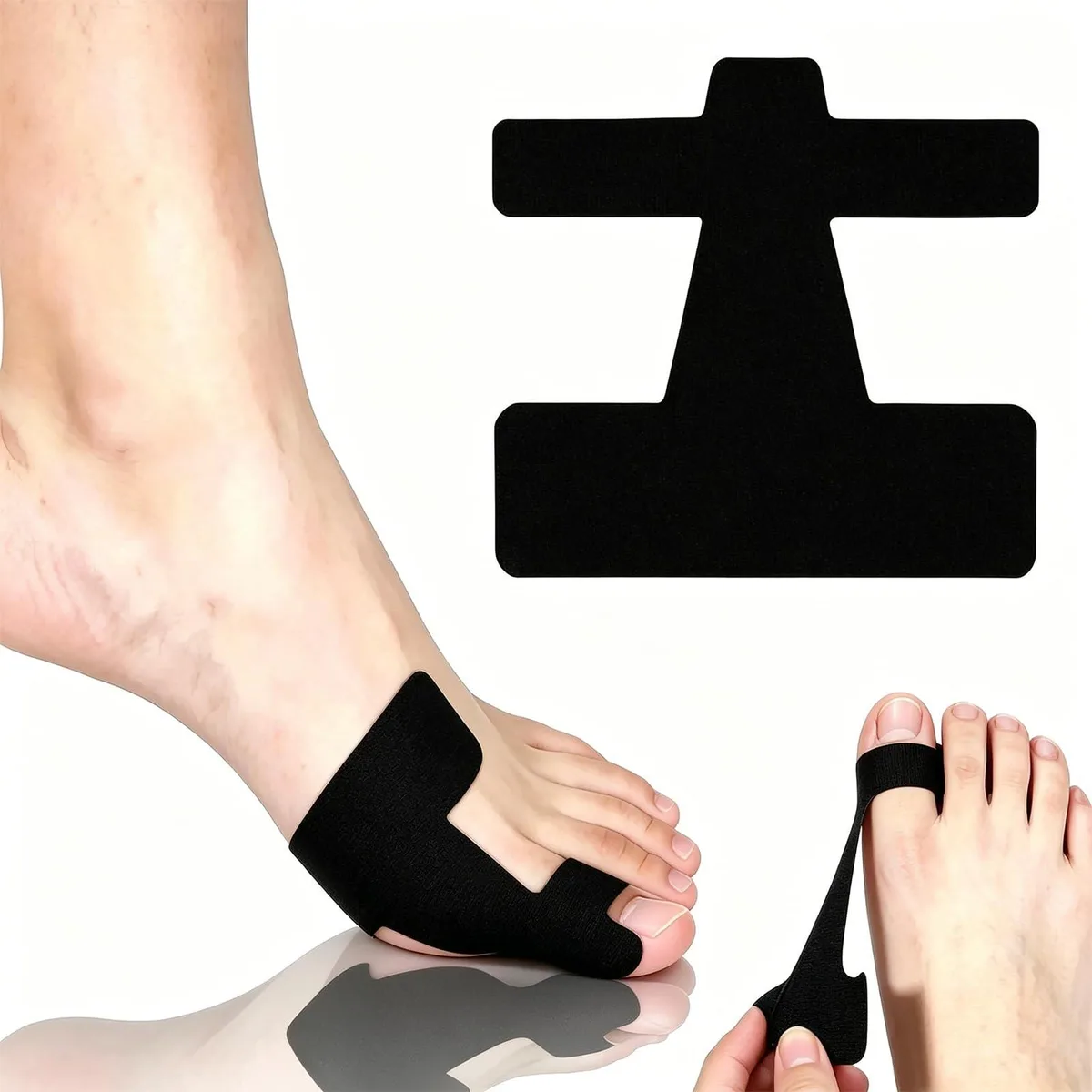 60 pre-cut black kinesiology tape strips for bunion correction
