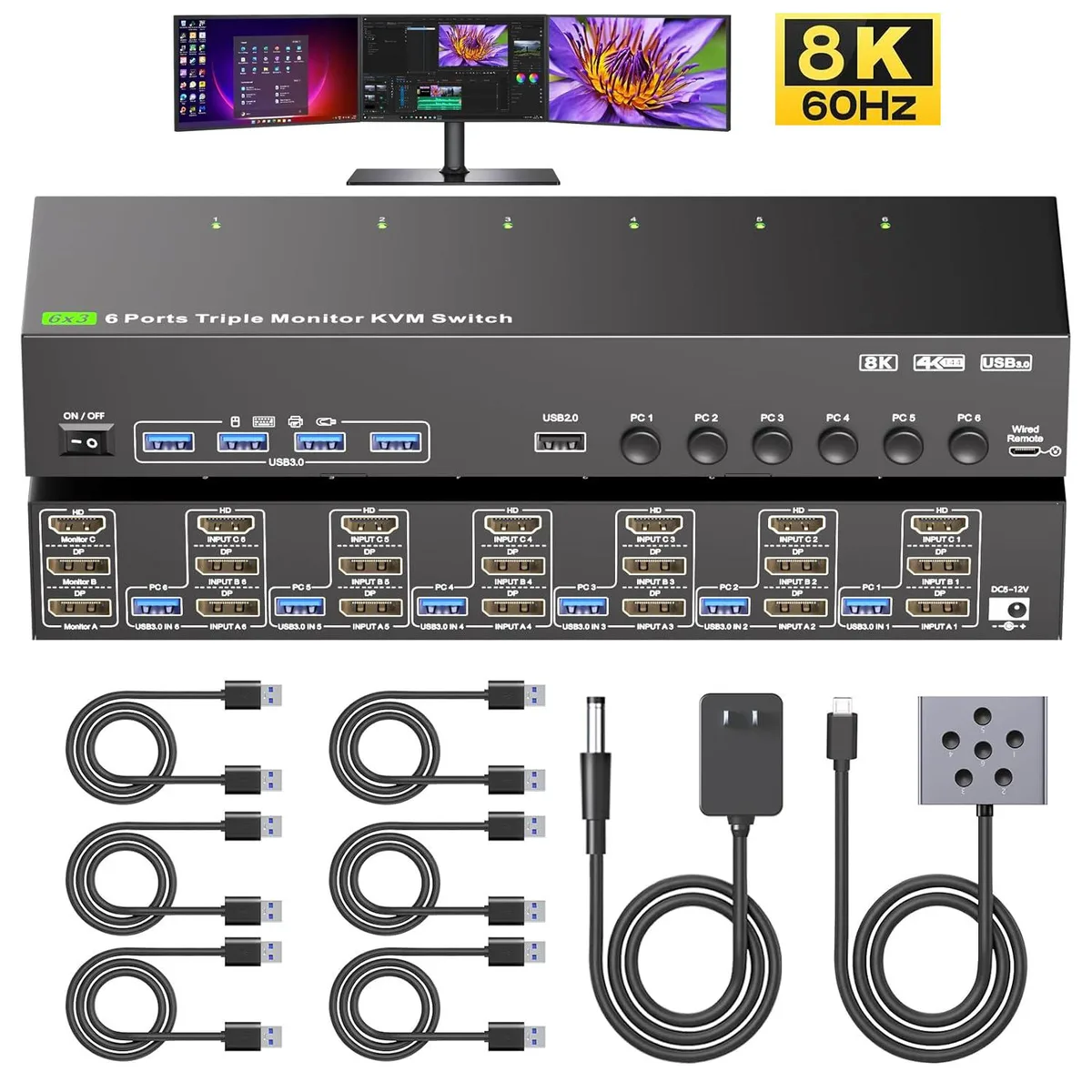 AUTYUE AUTYUE KC-KVM963 HDMI 2DP KVM Switch 3 Monitors 6 Computers 8K30 4K144 — product photo