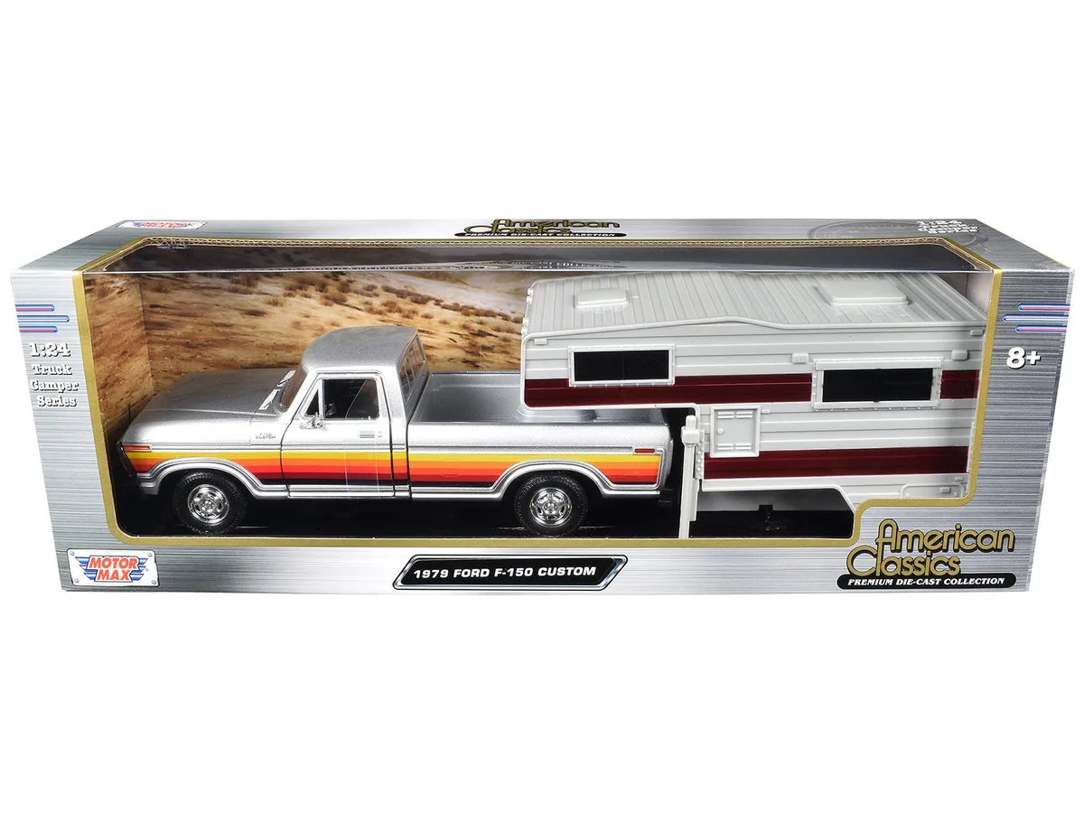 MOTORMAX MOTORMAX 1979 Ford F-150 Custom 1/24 Diecast Silver Metallic w/Stripes &amp; Camper Shell — product photo