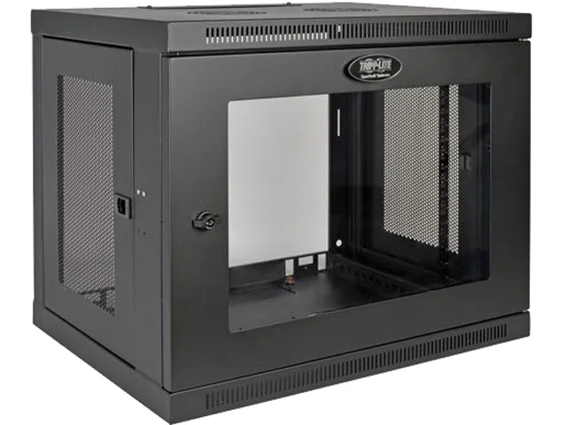Black 9U wall-mount server rack with plexiglass front door, 17.7 inch depth
