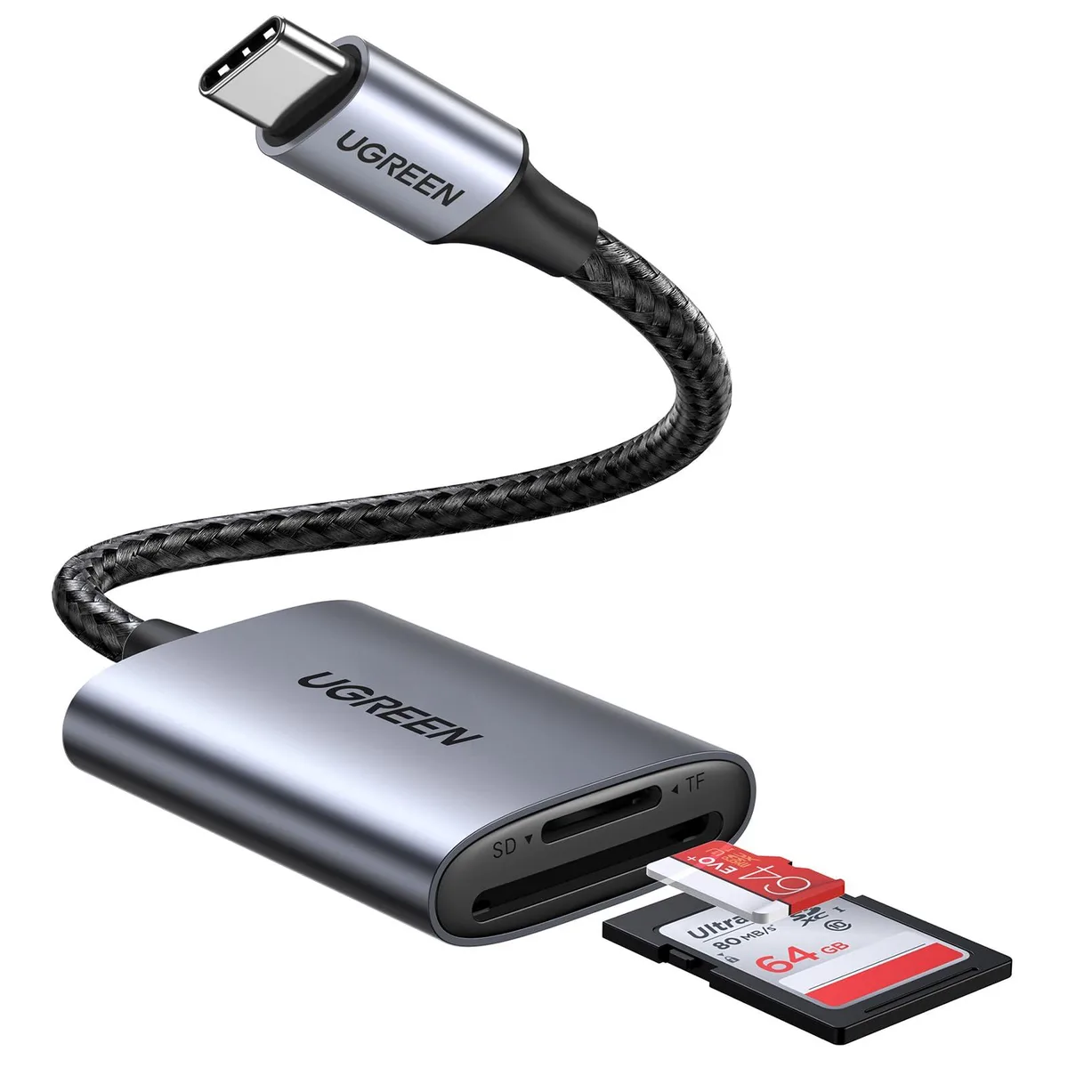 Compact USB-C card reader with braided cable and aluminium finish