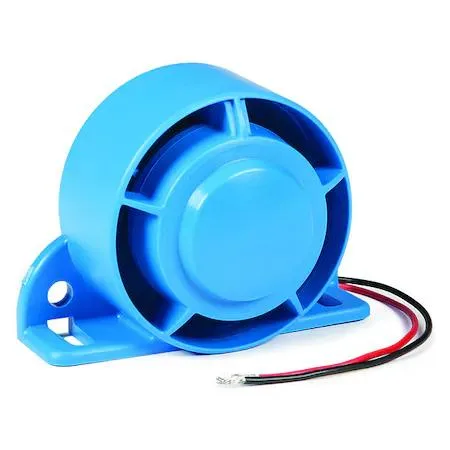 Blue rectangular backup alarm with grommet mount and blunt-cut wires