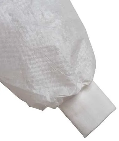White laboratory barrier gown with tie closure and elastic wrists