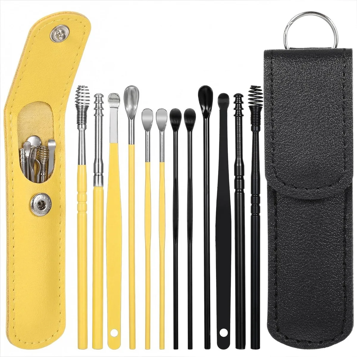 Black PU leather case with twelve carbon steel ear picks and scoops in green and black