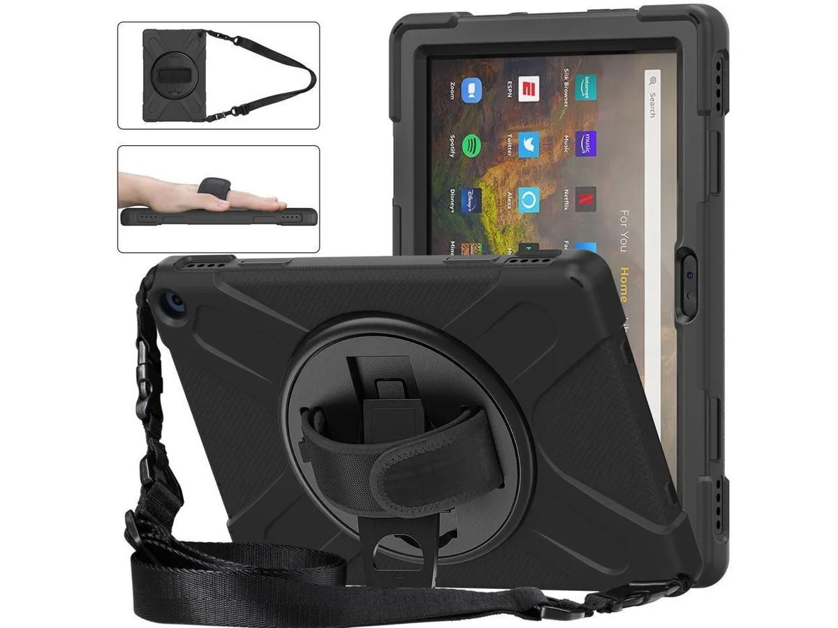 Black protective case for Fire HD 10 11th generation 2021 with kickstand and straps