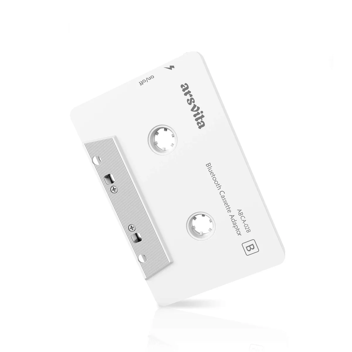 White cassette-shaped Bluetooth 5.0 audio adapter with auxiliary connector