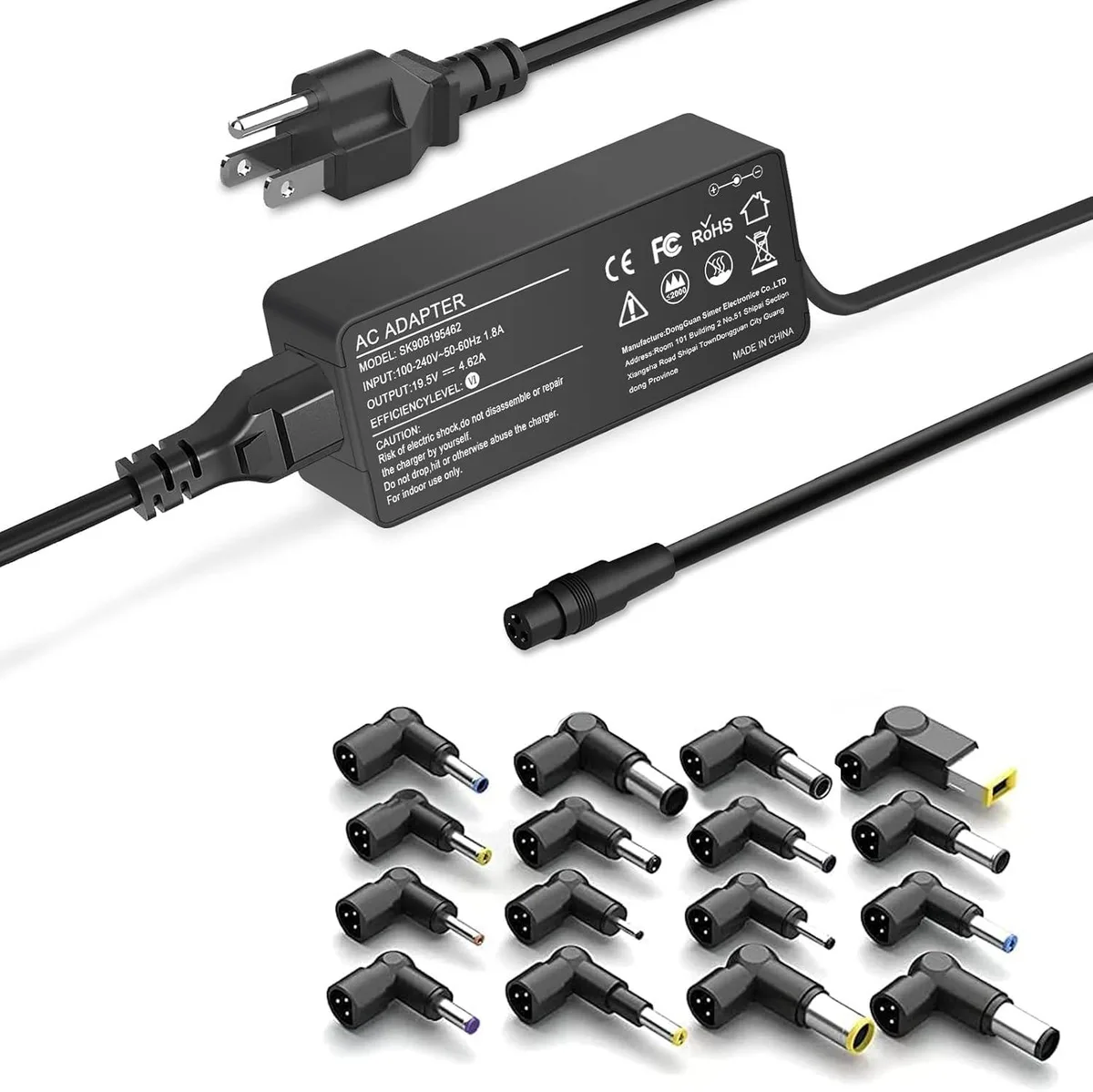 Black rectangular power brick with detachable cable and multiple connector tips