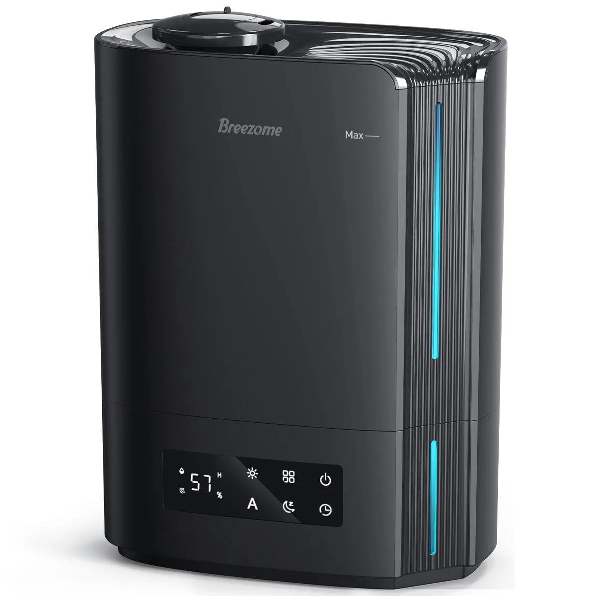 Black rectangular humidifier with rounded top-fill lid, matte finish, compact footprint