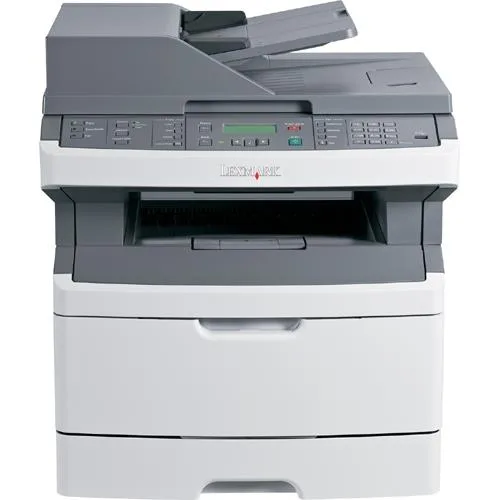 White rectangular desktop laser multifunction printer with flatbed scanner lid and 50-sheet automatic document feeder on top
