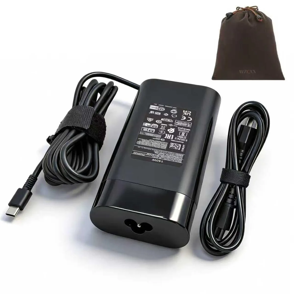 Compact black USB-C power brick with detachable US cord and protective pouch
