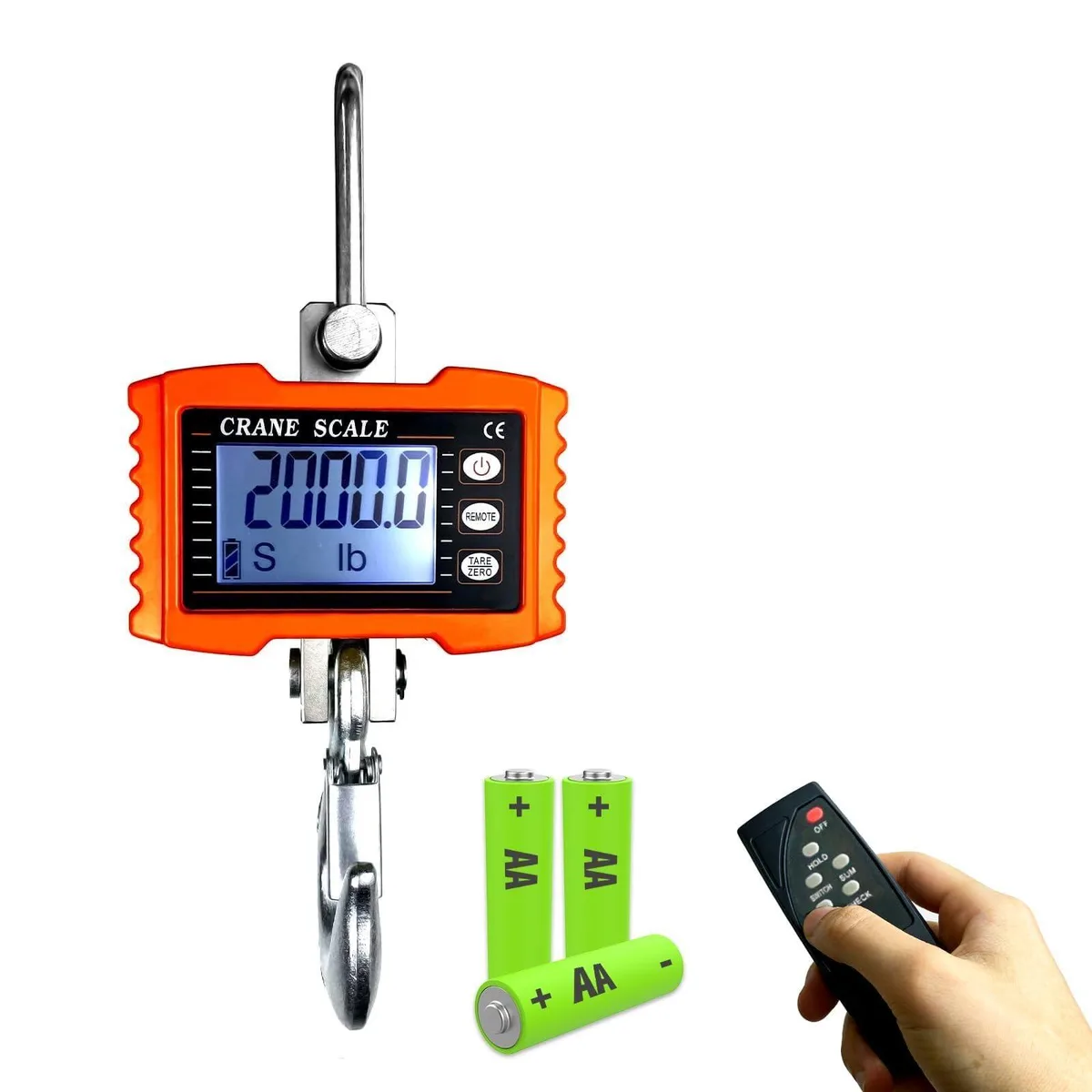 Twelve orange digital crane scales with steel hooks and aluminium cases, remote controls and batteries included