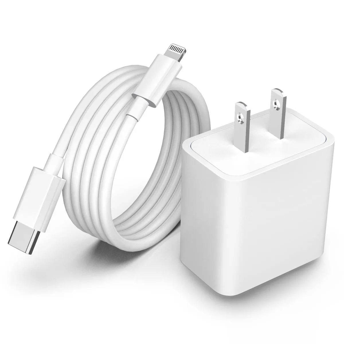 White compact USB-C wall charger with matching Lightning cable coiled beside it