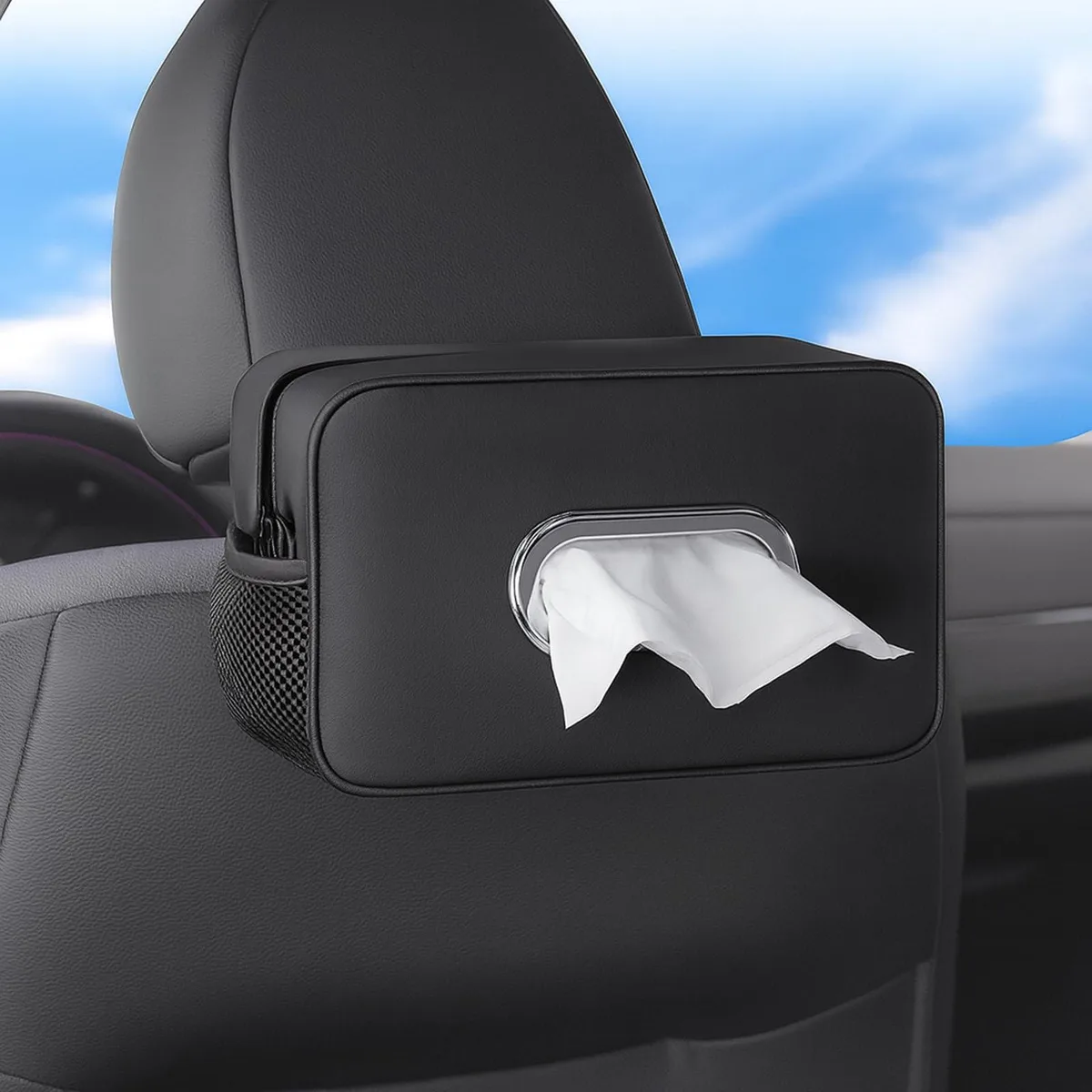 Black PU leather car tissue box cover with diamond quilting and two side mesh pockets