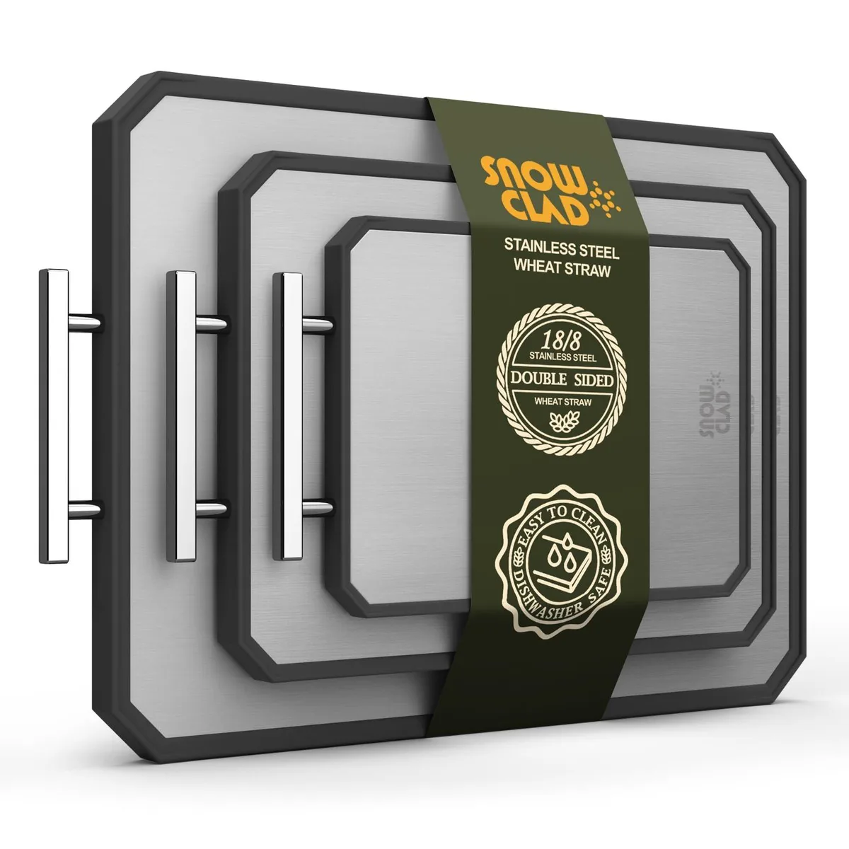 Three rectangular boards in stainless steel and pale wheat straw PP with juice grooves and handles