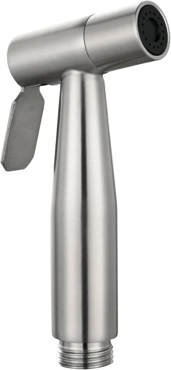 Handheld bidet sprayer in brushed nickel stainless steel with ergonomic trigger handle