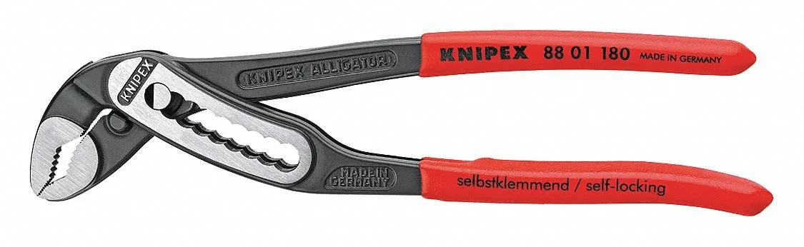 Polished chrome vanadium steel water pump pliers with cushioned grips, 180 mm overall length