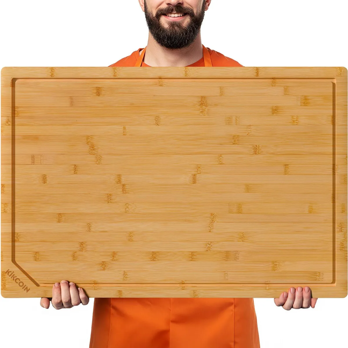 Extra-large rectangular bamboo cutting board with deep juice groove and built-in handle, natural finish