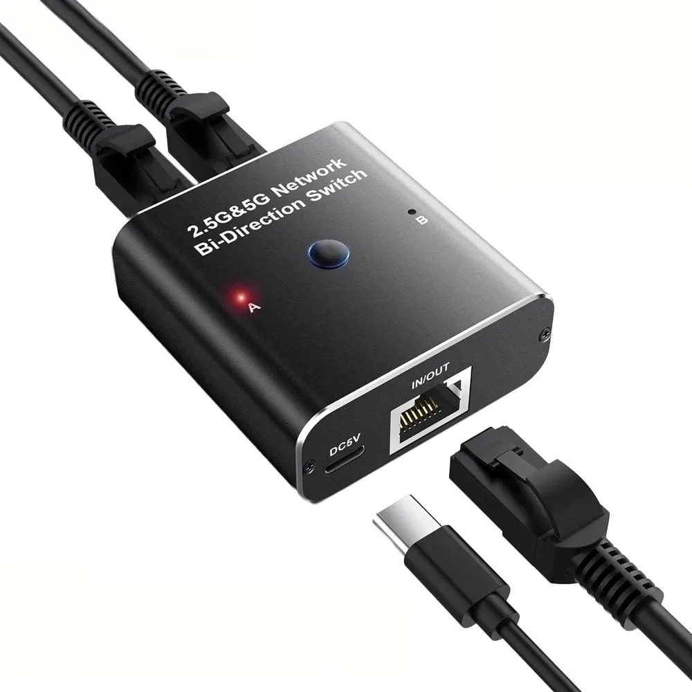 Small black box with three RJ45 ports, one button, LED, short attached cable