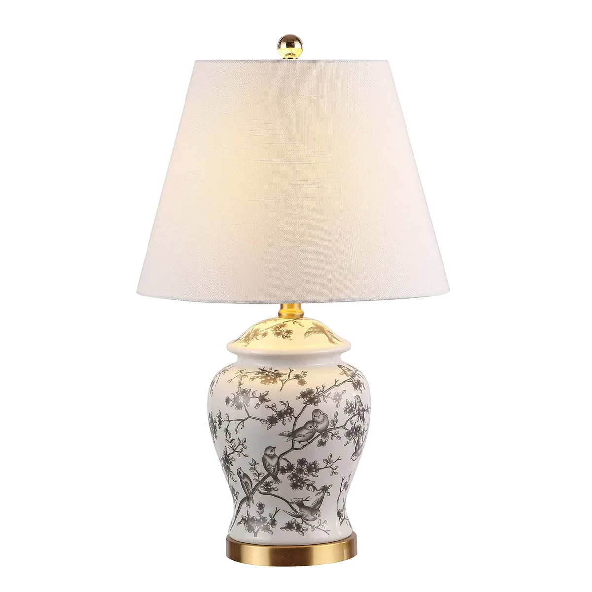 Gray-white hand-painted ceramic barrel base with white linen drum shade, 22 inches tall